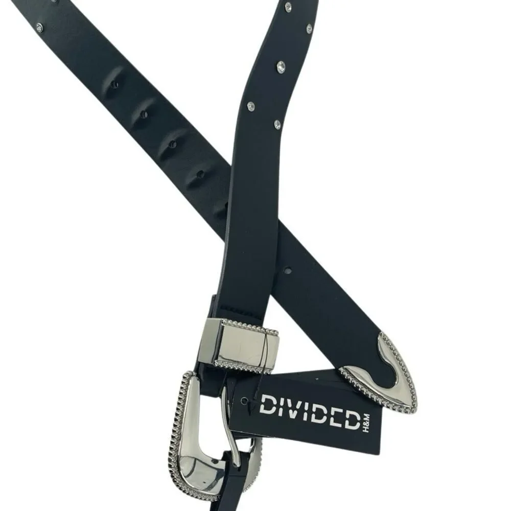 H&M Divided Black Faux Leather Studded Rhinestone Belt Western NWT Y2K